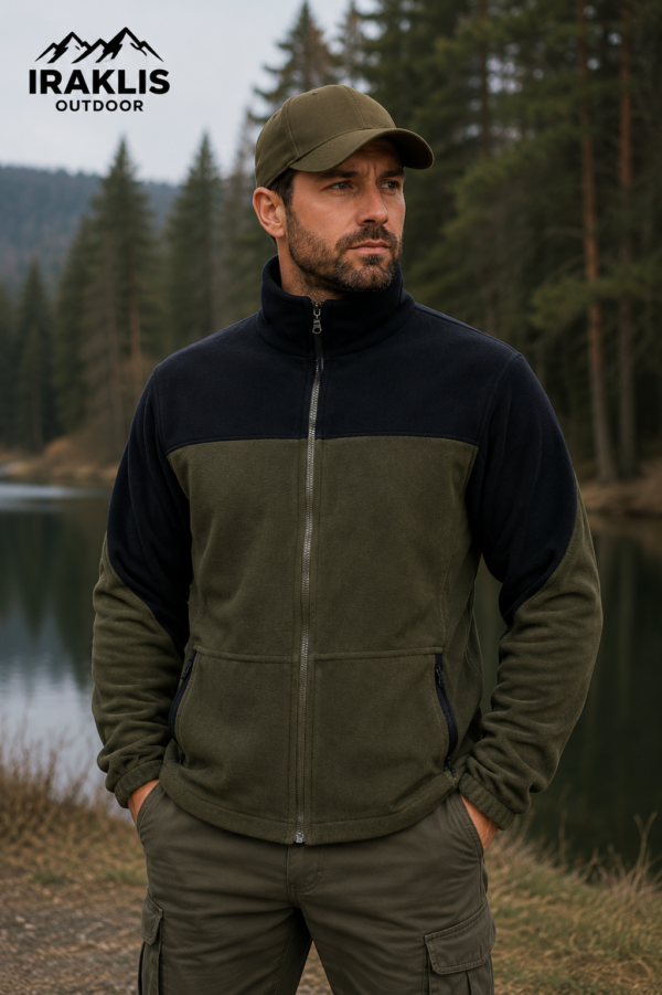 Ανδρική ζακέτα iraklis polar fleece με φερμουάρ χρώματος χακί μαυρο irk 89