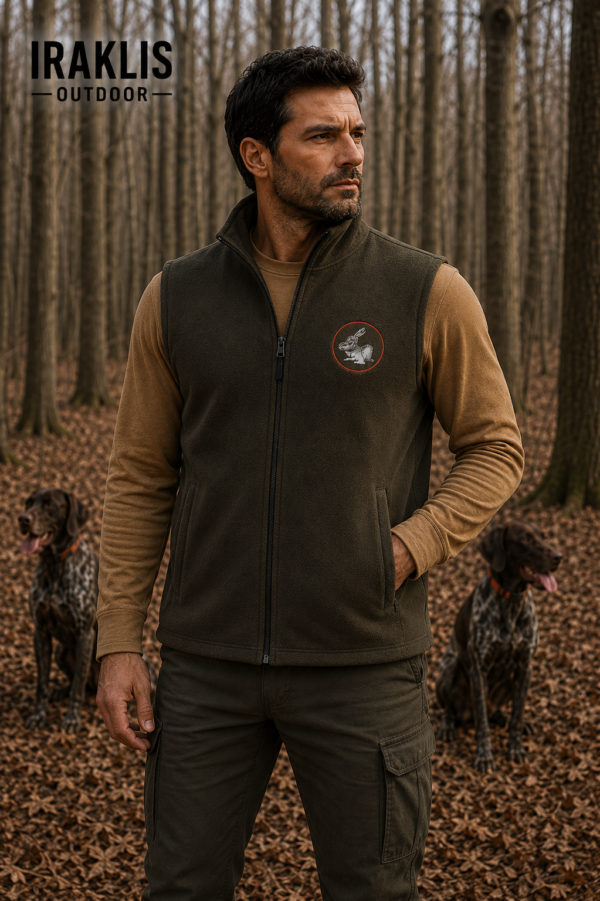 Γιλέκο Κυνηγιού fleece Χακί με Κέντημα Λαγός κωδ. irk 450